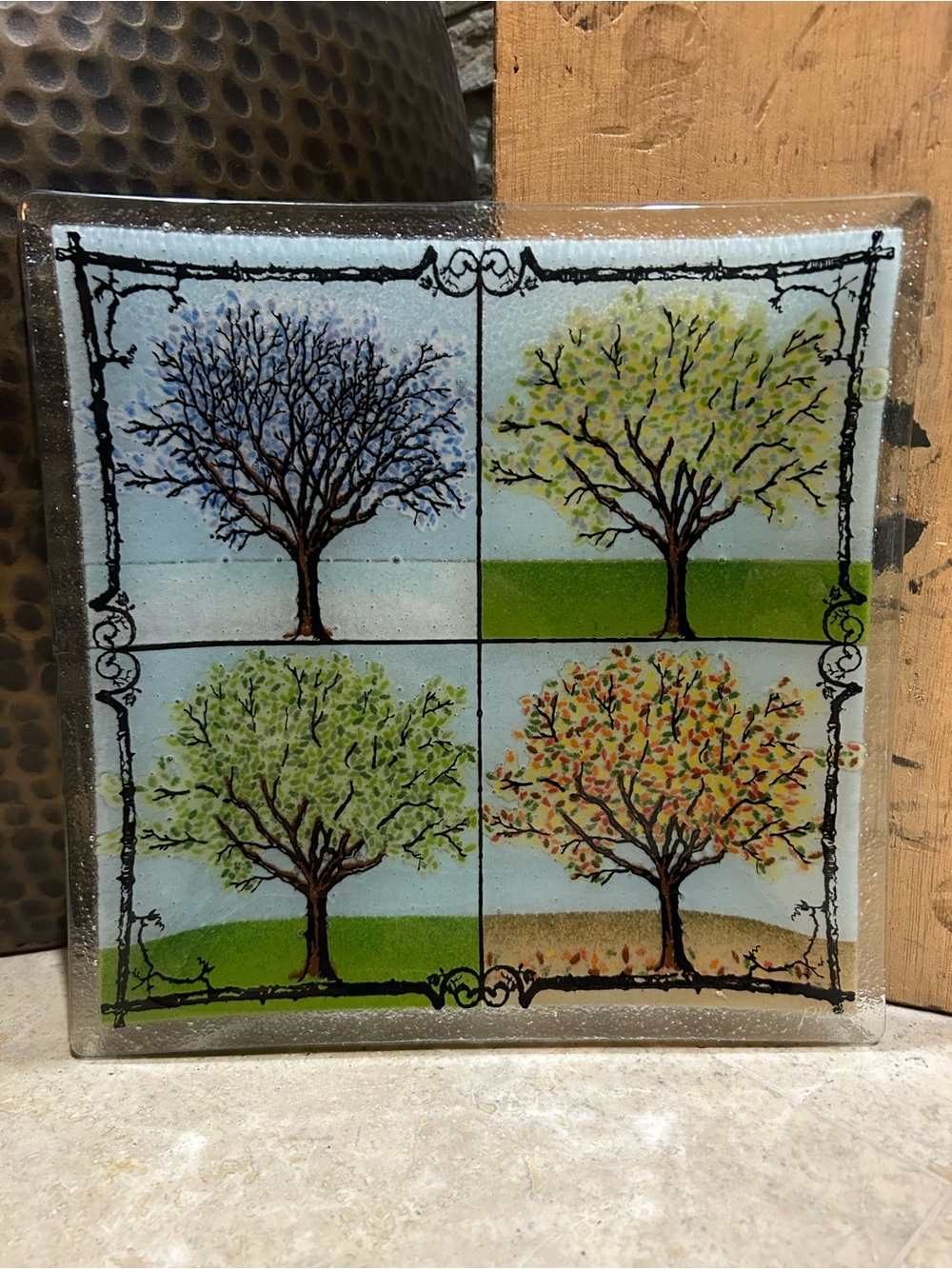 Vintage Signed PEGGY KARR Four Seasons Fused Glass plate